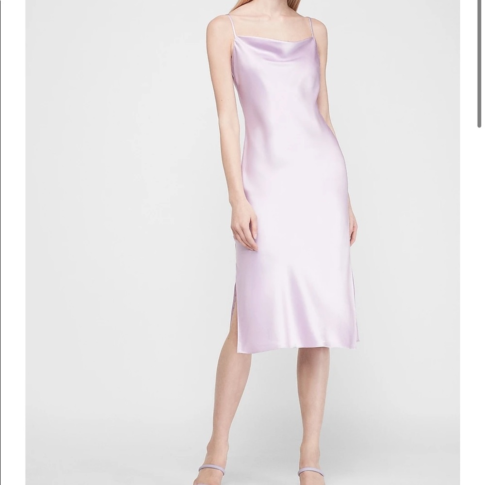 SATIN COWL NECK MIDI SLIP DRESS IN LILAC PURPLE